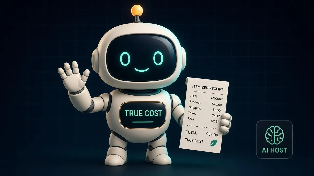 Tally, an illustrated AI robot host waving and holding an itemized receipt